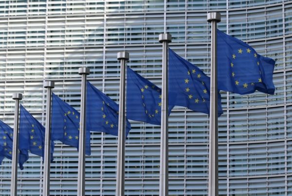 Europsky parlament s vlajkami europskej unie